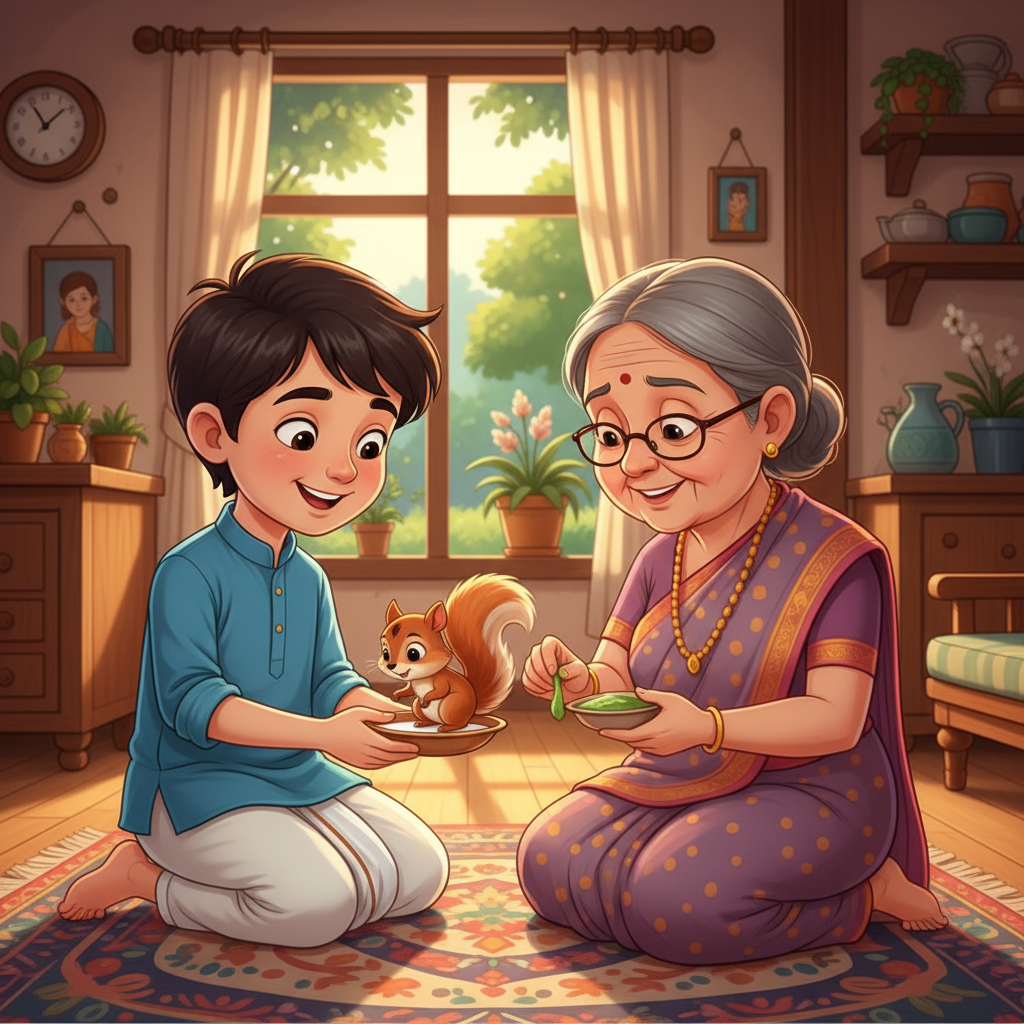 வீட்டிற்கு வந்ததும், கண்ணன் ஒரு சிறிய கிண்ணத்தில் பாலை எடுத்து அந்த அணில் குட்டிக்கு மெதுவாக ஊட்டினான். பின்னர், தன் பாட்டியின் உதவியுடன் அதன் காயத்திற்கு மூலிகை மருந்து போட்டான்.