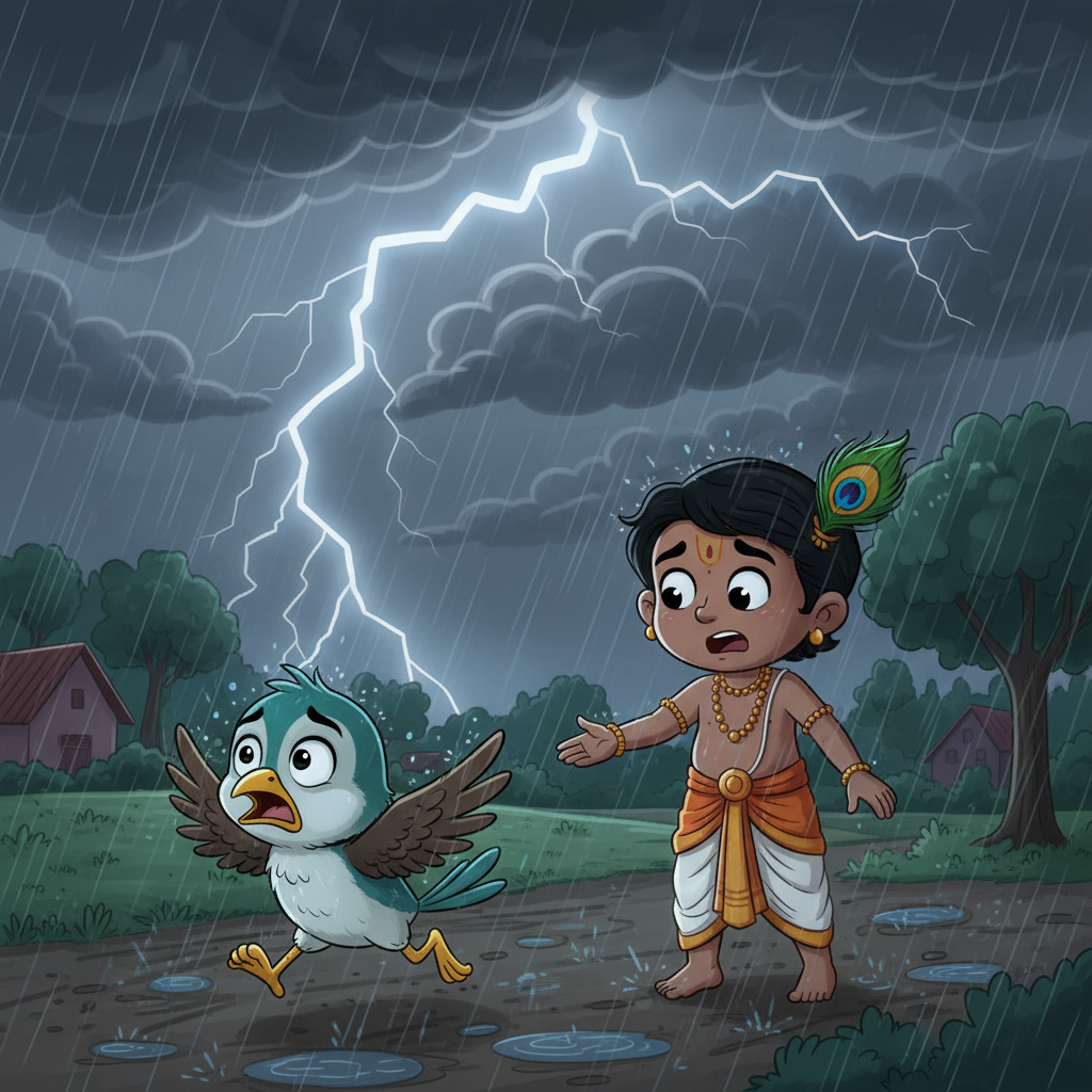 ஒரு நாள் மாலை, வானம் இருண்டு கருமேகங்கள் சூழ்ந்து, பலத்த இடி மின்னலுடன் மழை பெய்யத் தொடங்கியது. இடி முழக்கத்தைக் கேட்டு பயந்துபோன சிட்டு, கண்ணனை விட்டுத் திசை தெரியாமல் எங்கேயோ ஓடி மறைந்தது.