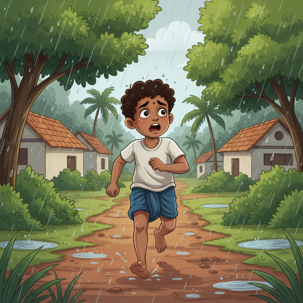 மழை நின்ற பிறகு, கண்ணன் அங்கும் இங்கும் ஓடி 'சிட்டு! சிட்டு!' என்று கத்திக்கொண்டே தேடினான். அவனது கண்கள் கலங்கி இருந்தன, தன் நண்பனை காணாத சோகம் அவன் முகத்தில் தெரிந்தது.