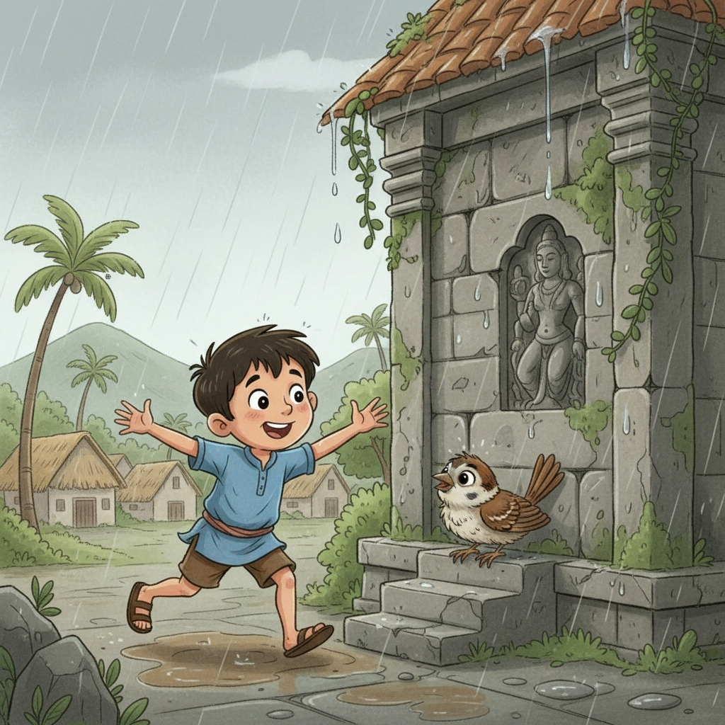 நீண்ட நேரத் தேடலுக்குப் பிறகு, கிராமத்து பழைய கோயிலின் ஓரத்தில் சிட்டு நனைந்துபோய் நடுங்கிக் கொண்டிருப்பதை கண்ணன் கண்டான். அவன் மகிழ்ச்சியுடன் ஓடிச் சென்று அதை வாரித் தன் நெஞ்சோடு அணைத்துக் கொண்டான்.