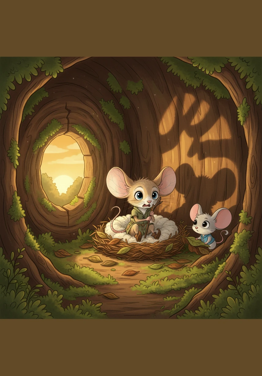 Pip was a tiny mouse who lived in a hollowed-out oak tree filled with soft moss and warm light. While other mice enjoyed the cool evening air, Pip stayed tucked away, terrified of the long shadows that danced on the walls as the sun went down.