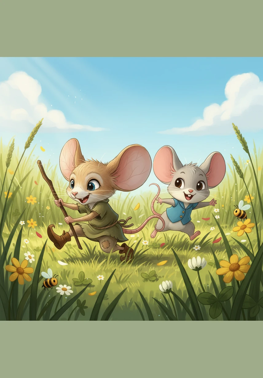 One sunny afternoon, Pip and his adventurous friend Squeaky were playing tag near the edge of the great meadow. The grass was tall and green, and the air smelled like wildflowers and honey as they tumbled through the clover.