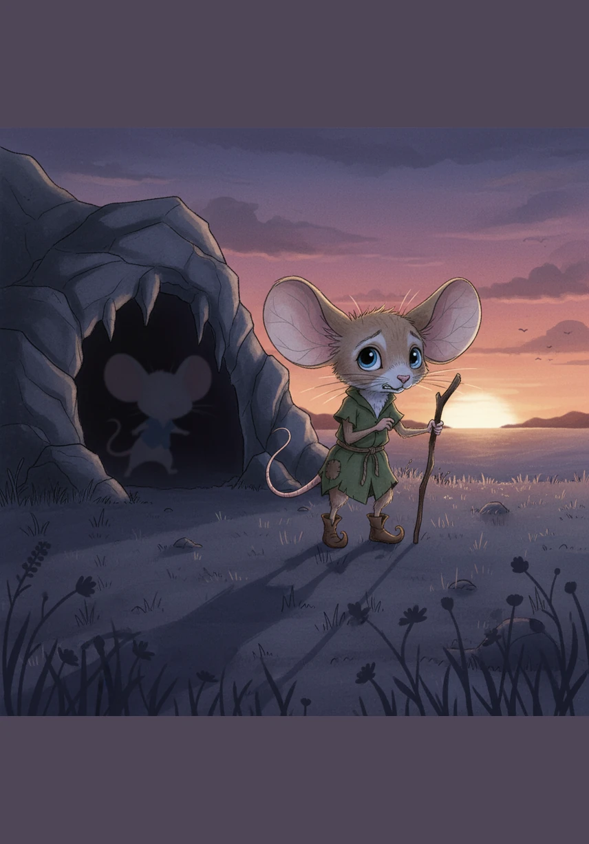 As the sun began to sink below the horizon, the meadow turned purple and cold. Pip stood alone at the cave's mouth, his whiskers trembling and his paws shaking as he waited for Squeaky to return from the shadows.
