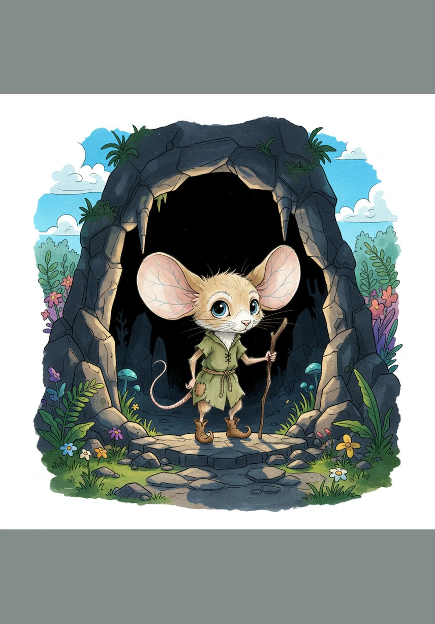 With a deep breath, Pip stepped into the darkness, his little heart thumping like a drum against his ribs. The light from his mushroom pushed back the shadows, revealing a path paved with smooth, cold stones and sparkling minerals.