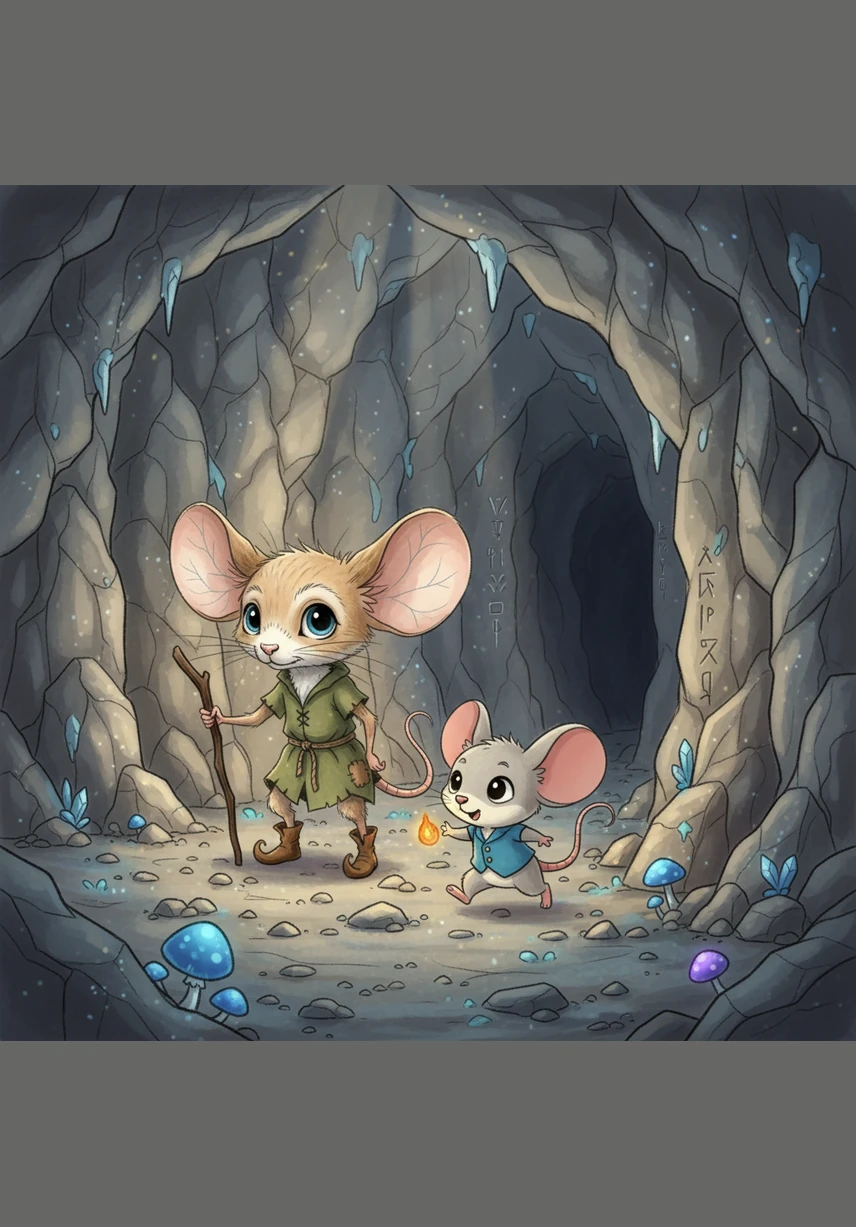 The cave was full of strange noises and jagged rocks that looked like giant teeth hanging from the ceiling. Pip kept his eyes on his glowing mushroom, whispering brave words to himself as he moved deeper into the heart of the mountain.