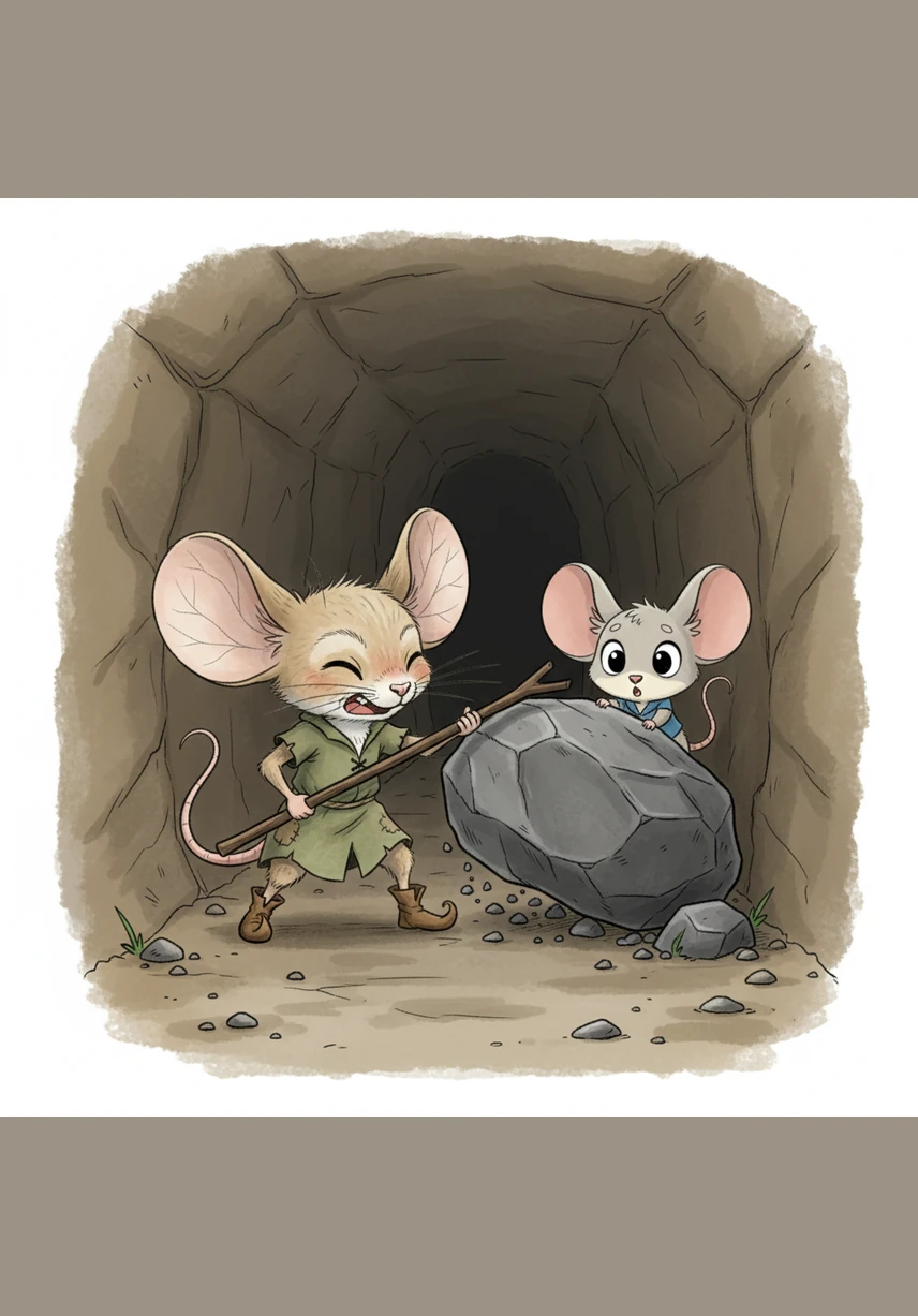 He finally found Squeaky trapped behind a fallen rock in a narrow tunnel, looking tired and frightened. Pip used a sturdy branch to lever the stone aside, freeing his friend with a triumphant squeak and a warm hug.