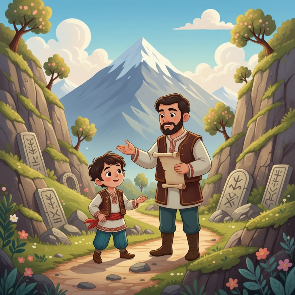 Бір күні, Айдар әкесімен тауға серуенге шықты. Әкесі оған таулардың тарихын және осы жерлердегі ежелгі жәдігерлер туралы әңгімелеп берді.