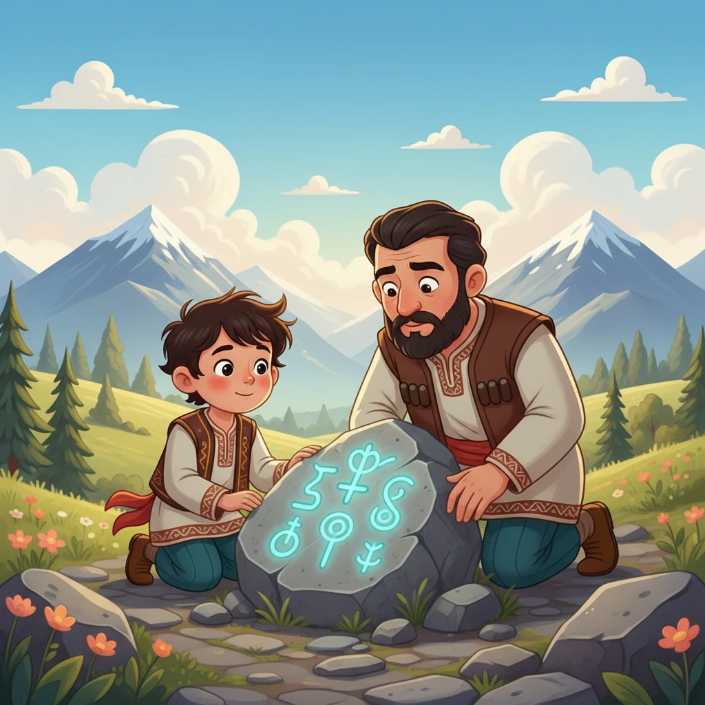 Тау басында жүргенде Айдар ерекше бір тасқа тап болды. Ол тастың бетіндегі қызық белгілерге қызығып, әкесіне көрсетті.