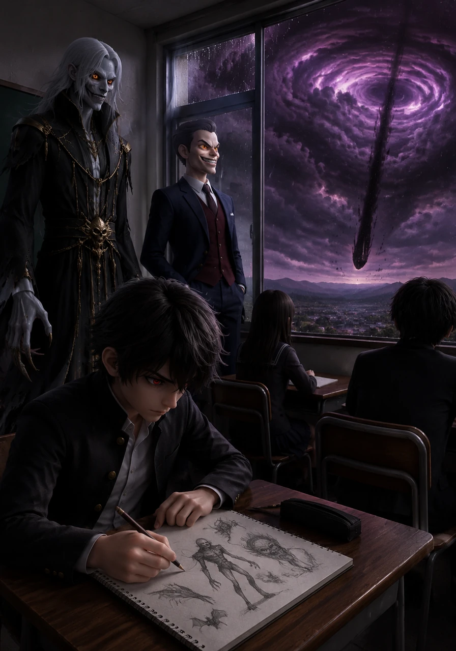 Rain hammers against the classroom window as Akira sits in the corner, sketching strange creatures in his notebook. Outside, the sky turns an unnatural shade of dark purple, and a black object suddenly plunges from the swirling clouds toward the earth.