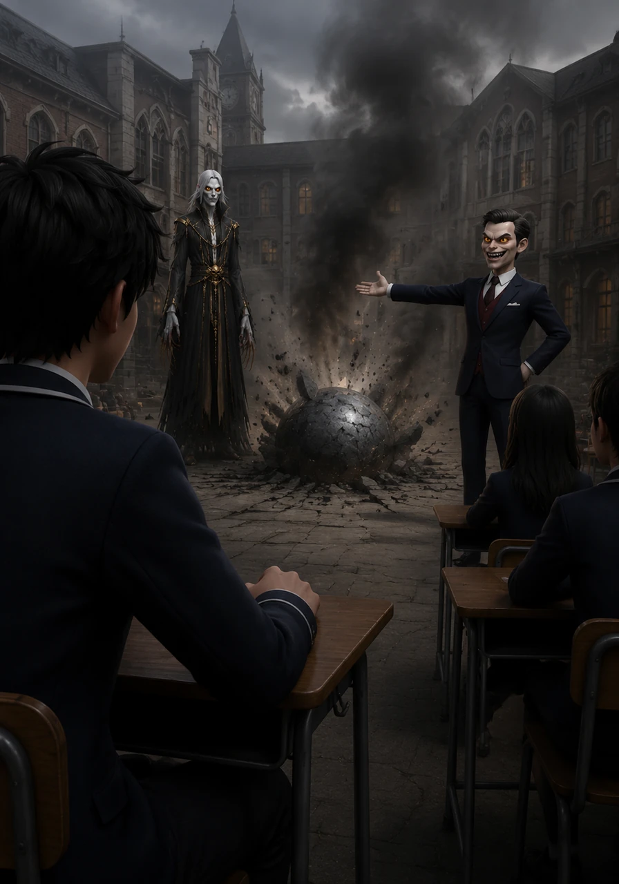 A terrifying metallic thud echoes through the school as the mysterious object crashes into the center of the courtyard. While the teacher demands the students stay seated, Akira watches the smoke rise from the impact site, his heart racing with an inexplicable curiosity.