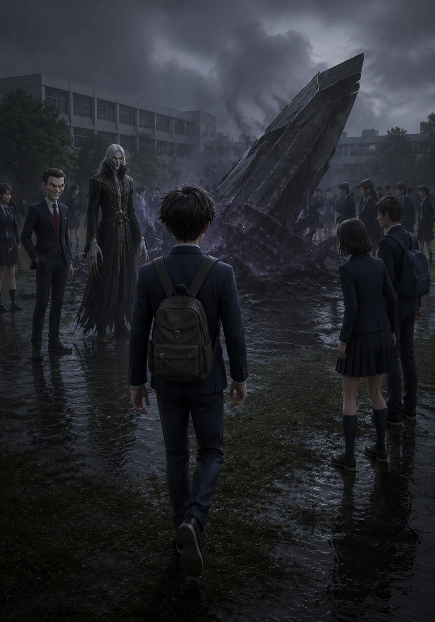 After the bell rings, Akira ignores the rushing crowd and walks alone toward the crash site in the rain. A group of students surrounds the object, but they keep their distance, sensing an eerie and dangerous aura emanating from the fallen artifact.