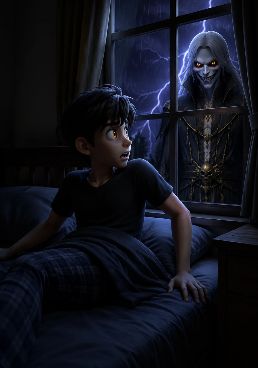 Thunder growls outside and the lights flicker into darkness, swallowing Akira’s room in heavy shadows. Through the bedroom window, he sees a tall, terrifying figure with glowing gold and red eyes staring back at him with a wide, jagged grin.