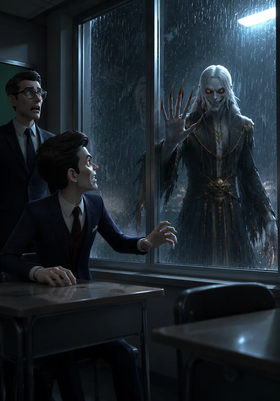 The creature raises a clawed hand and taps against the glass in a slow, rhythmic pattern that freezes Akira to the spot. Just as he finds the strength to run, the lights surge back on and the figure vanishes, leaving nothing but the pouring rain behind.