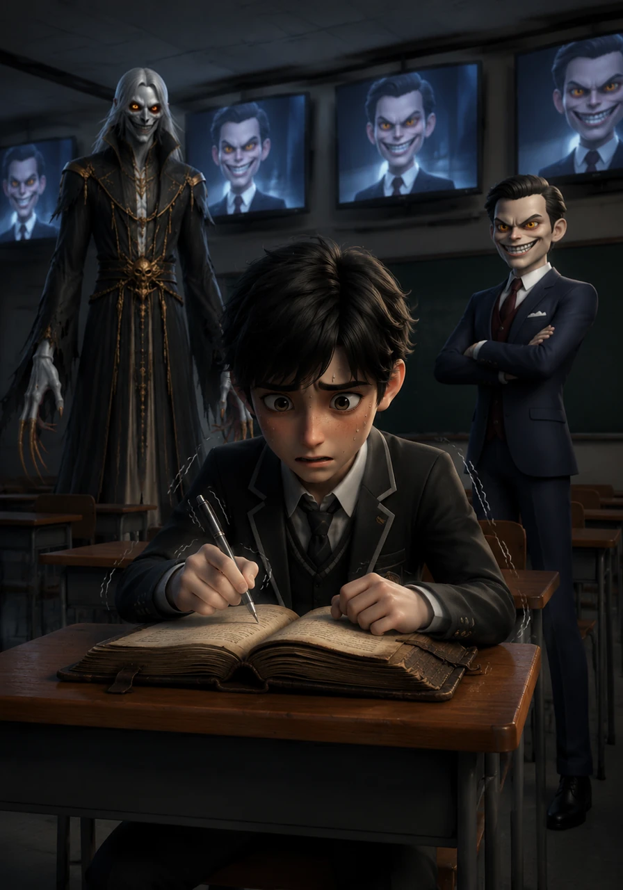 The next day at school, the television screens are filled with the face of a dangerous mastermind criminal who has escaped from prison. Akira hides in an empty classroom, his hands trembling violently as he grips a pen over the ancient pages of the ledger.