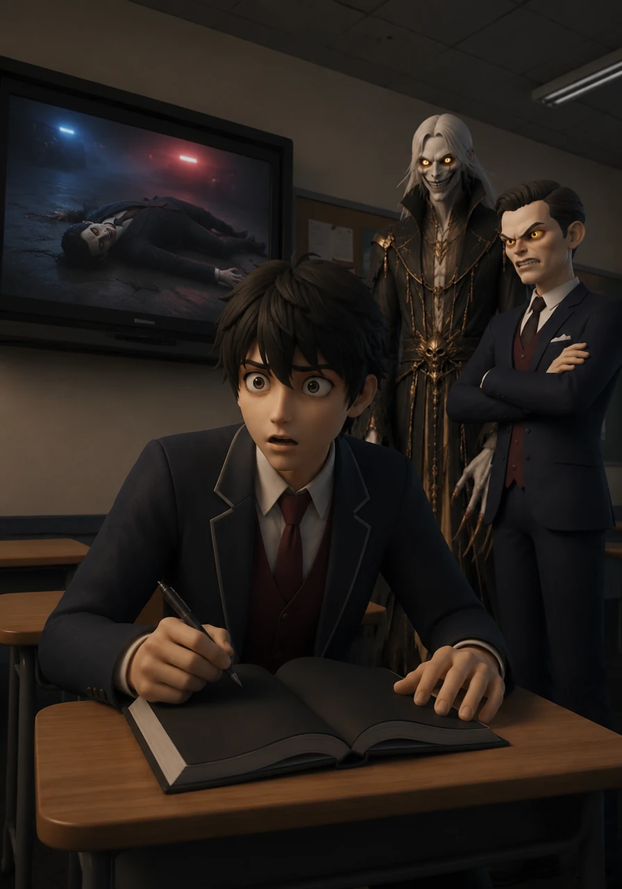 Seconds after Akira writes the criminal's name, the news broadcast cuts to a breaking report of the man’s sudden and mysterious death. A heavy silence fills the room as Akira realizes the terrifying truth: the book is real, and his life has changed forever.