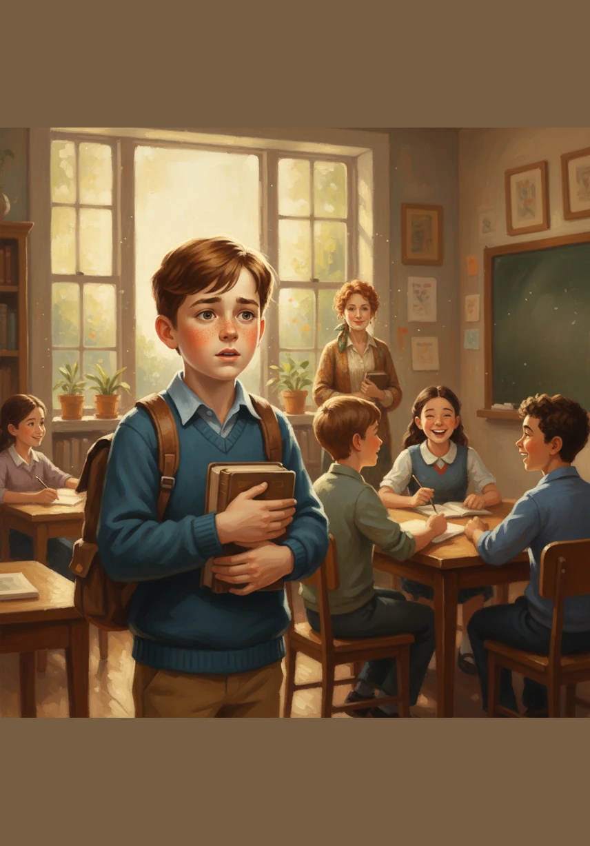 The classroom is filled with bright morning sunlight, but Leo feels a cold shiver of nerves. He watches his friends talk and laugh, wondering how they can look so calm while his own hands feel a bit shaky.