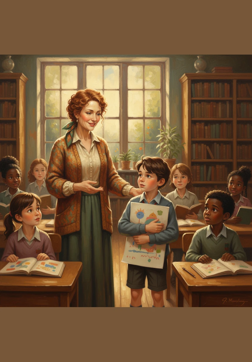 His teacher, Ms. Maple, smiles warmly and calls Leo’s name to the front of the room. Leo stands up slowly, clutching his poster tightly against his chest like a shield.