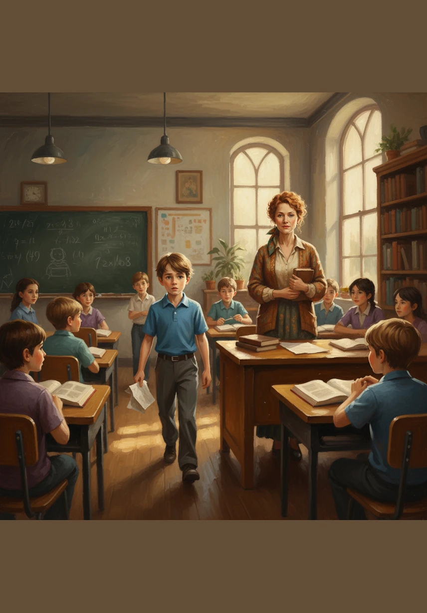 As he walks to the front, the floor feels soft and unsteady beneath his feet. Every pair of eyes in the class seems to turn toward him at once, making the room feel much larger than it did before.