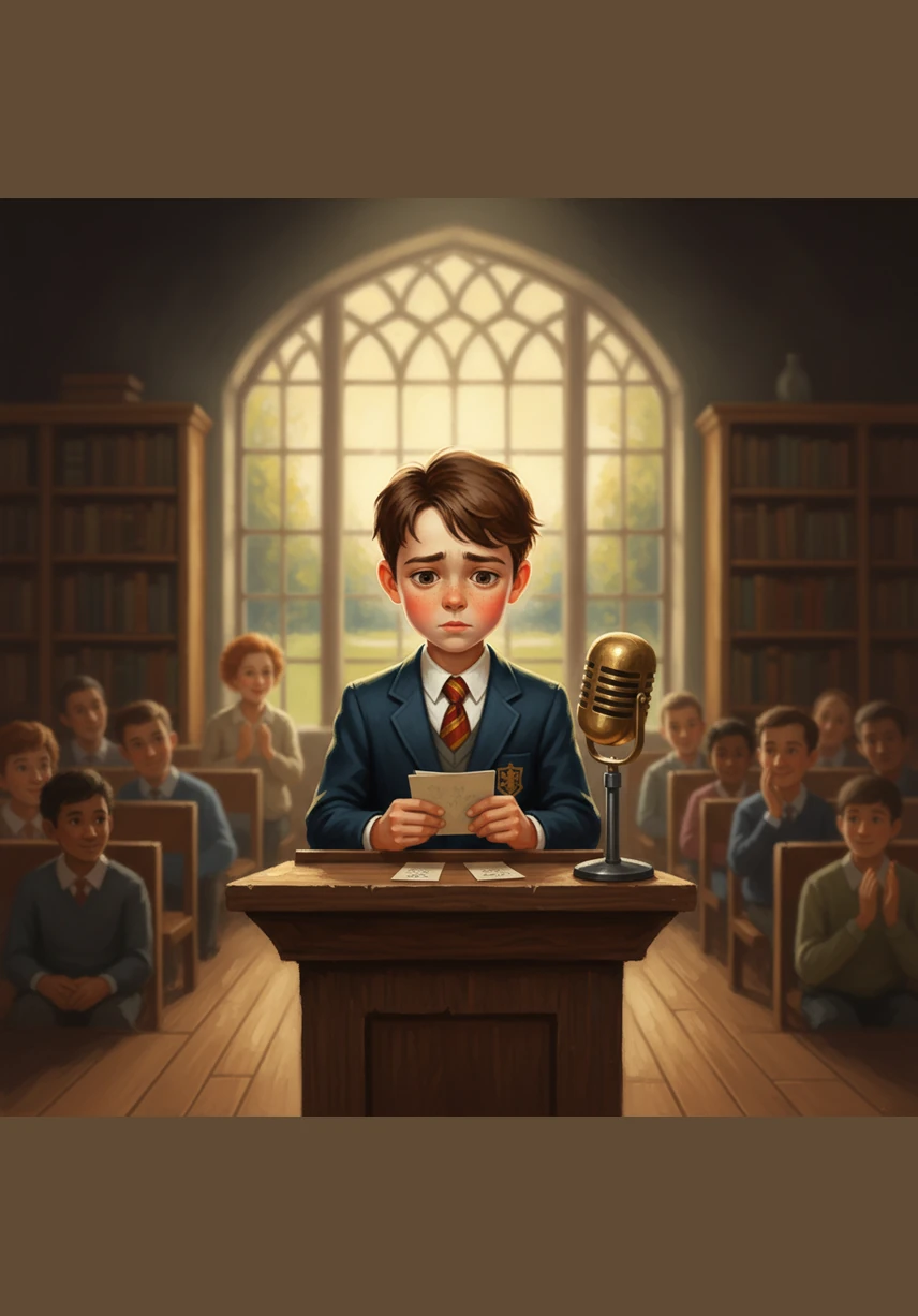 Leo stands behind the wooden podium and looks out at a sea of expectant faces. He tries to say the first word, but his voice feels stuck in his throat, like a tiny bird afraid to fly.