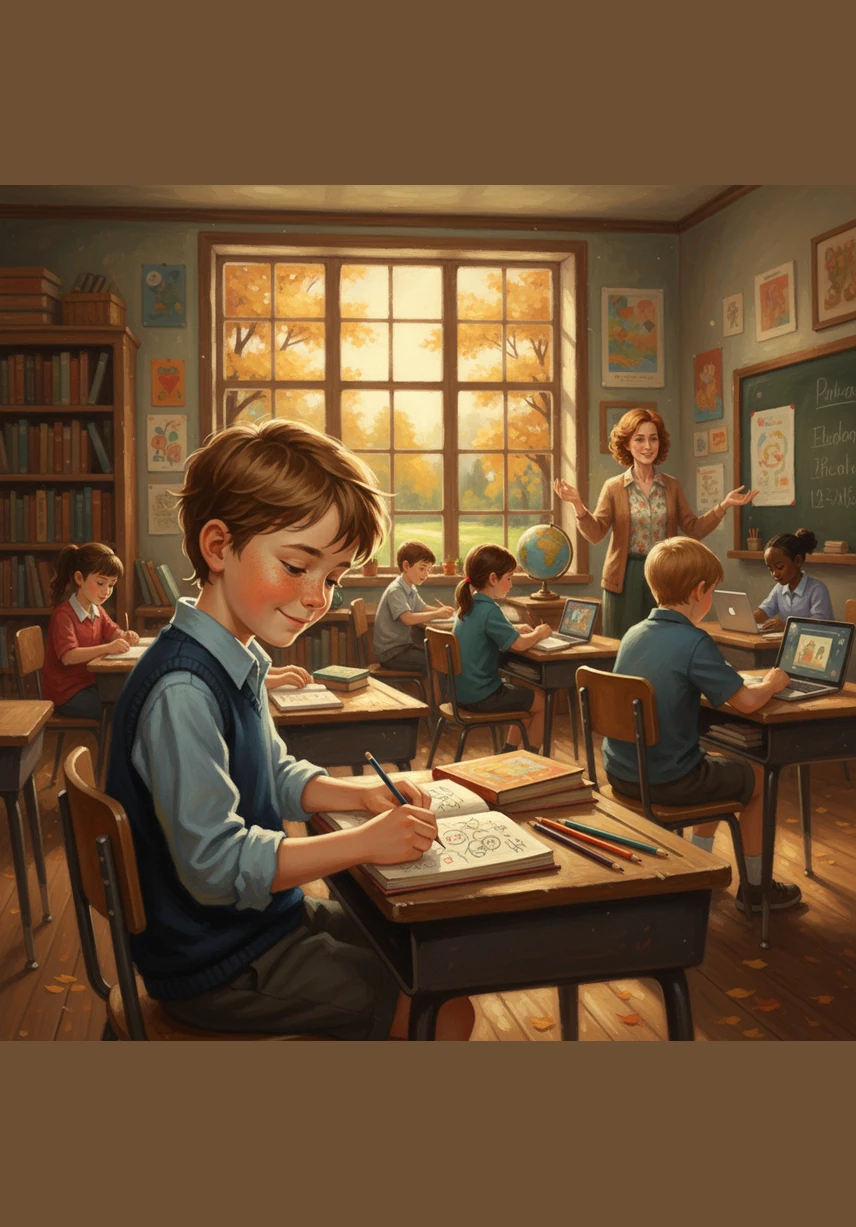 He remembers his mother’s gentle advice and takes a long, deep breath, imagining he is filling his lungs with calm, golden light. He looks down at his poster and sees the bright yellow sun he painted with such care.