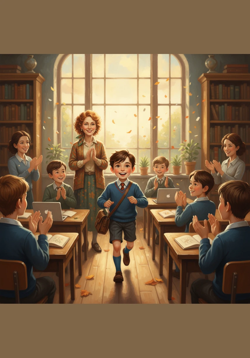 The classroom erupts into cheerful applause as Leo walks back to his seat with a skip in his step. He realizes that while being brave is hard, the feeling of finishing is the best reward of all.