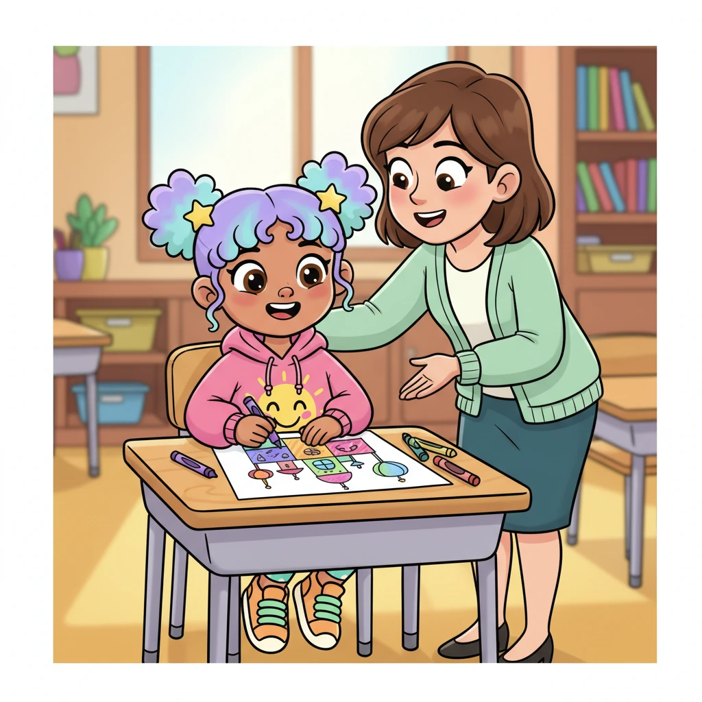 A cheerful Riya, a small girl with bright, curious eyes, sits at her school desk, happily drawing a vibrant picture of a fantastical building. Her teacher, a kind woman with a gentle smile, leans over to ask her about her future.