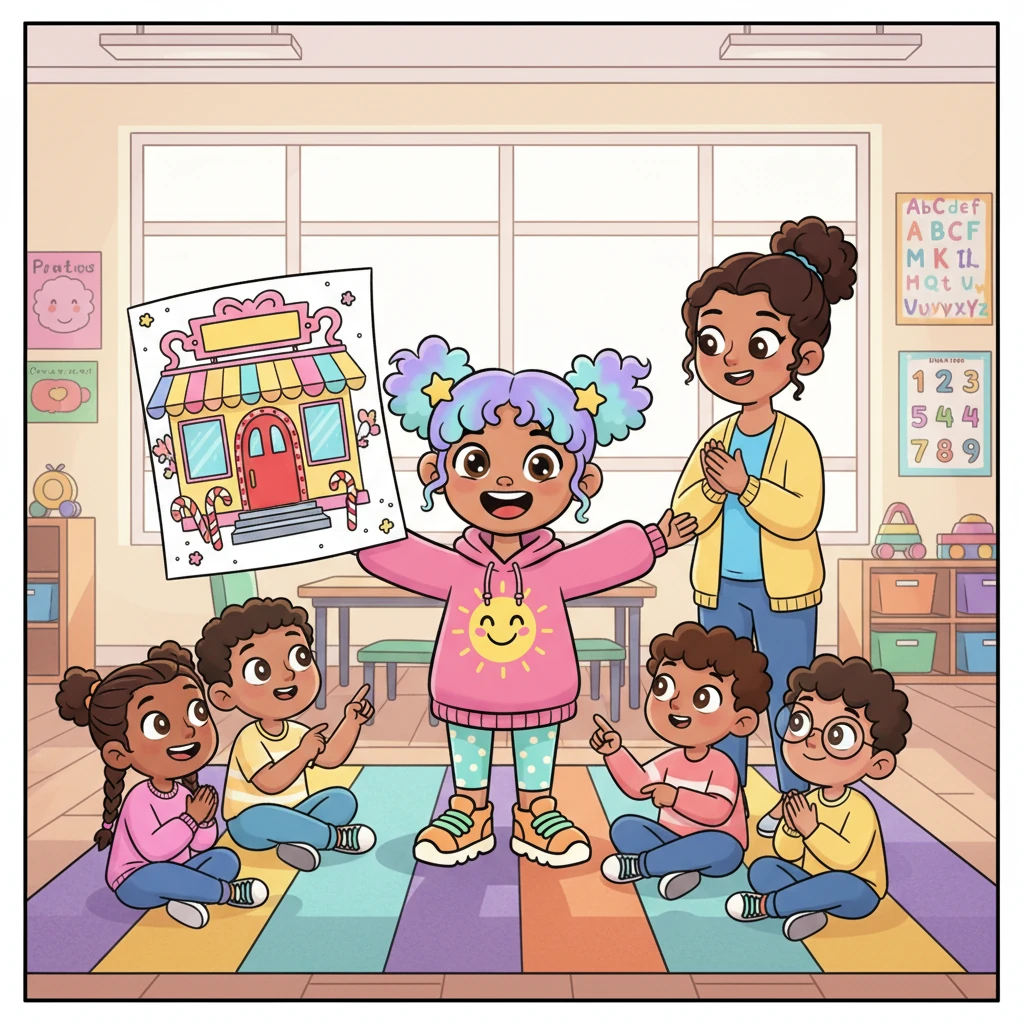 Riya beams, holding up her colorful drawing of a whimsical storefront with a bold 'My Business!' sign. With sparkling enthusiasm, she declares to her teacher and classmates that she wants to start her very own business when she grows up.
