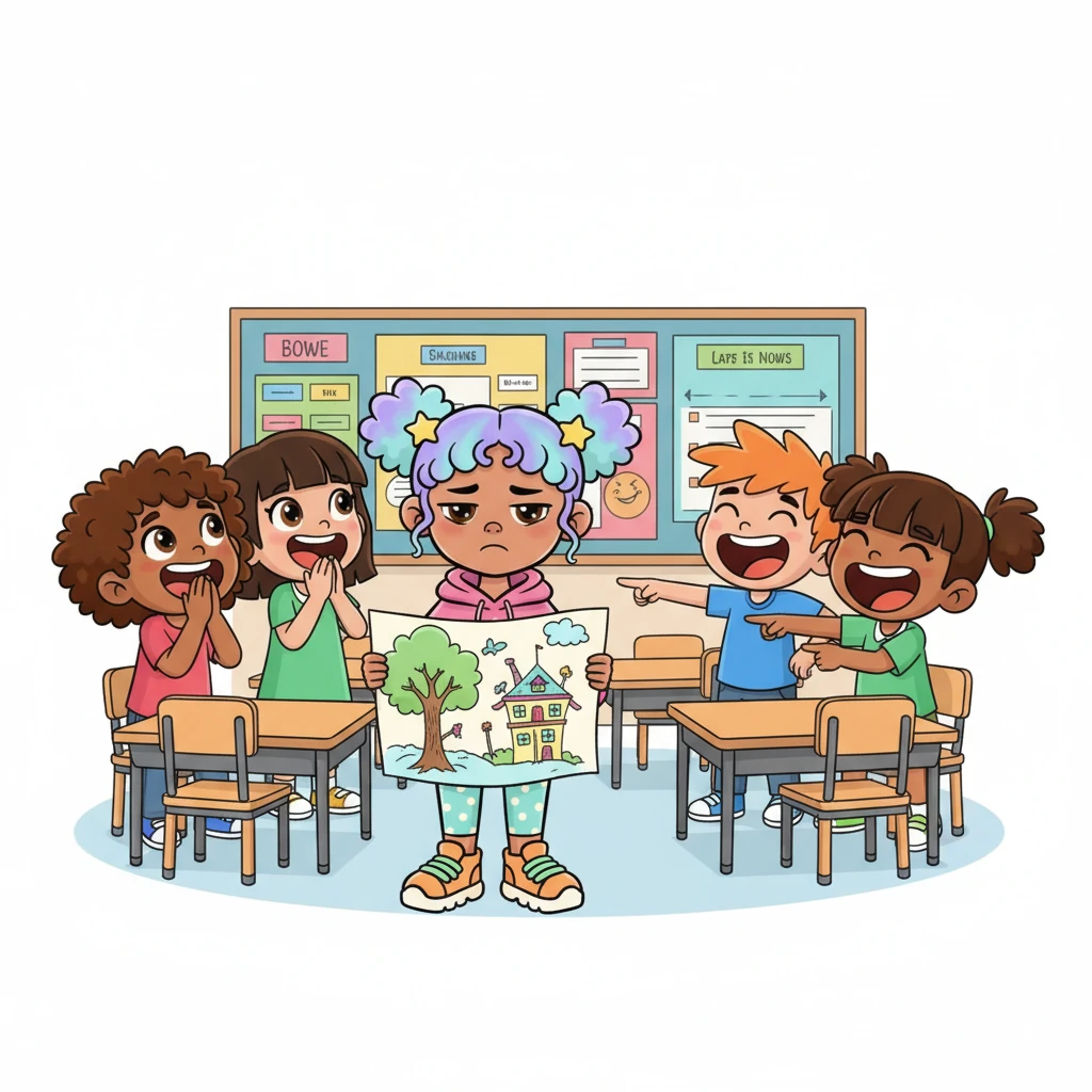 A ripple of giggles spreads through the classroom as some children point and whisper, openly doubting Riya's ambitious plan. Their laughter makes Riya's smile waver slightly, a tiny shadow crossing her otherwise bright face.