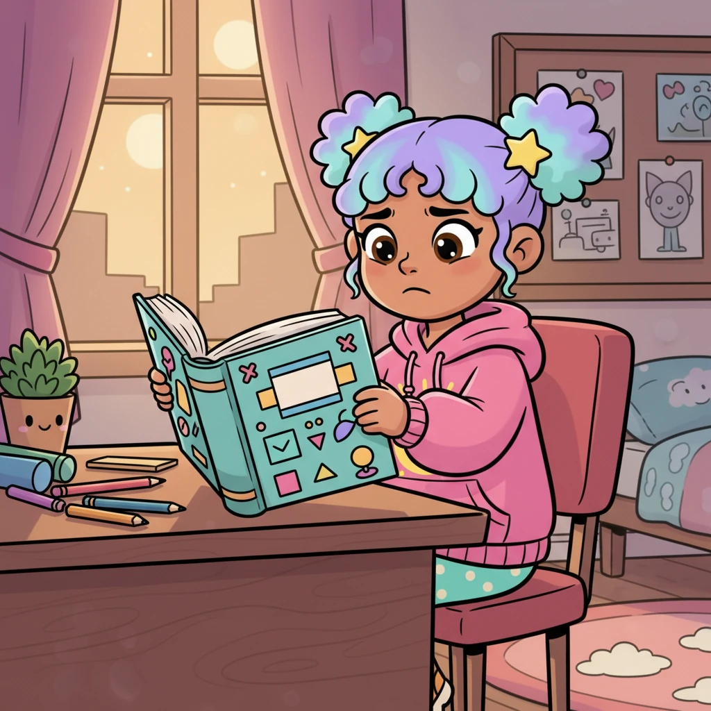 Later that day, Riya sits at her bedroom desk, a little disheartened but with a determined glint in her eyes. She opens a big, colorful book about business, ready to learn and prove everyone wrong.