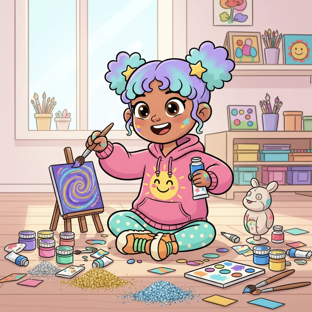 Surrounded by paints, brushes, and sparkling glitter, Riya practices her creative skills with joyful concentration. Her hands move confidently, turning simple materials into beautiful, imaginative creations.