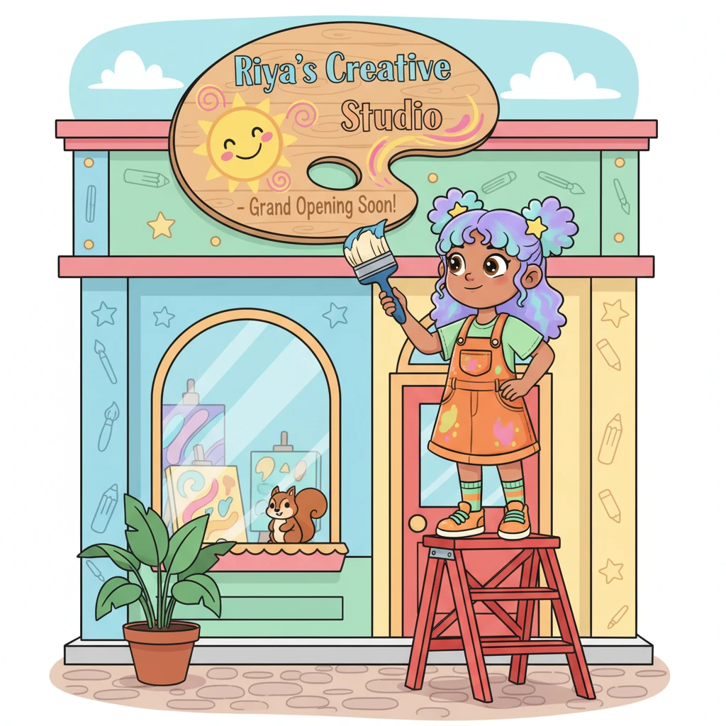 Five years fly by! A brightly painted storefront, adorned with a playful sign that reads 'Riya's Creative Studio - Grand Opening Soon!', stands ready. A slightly older Riya proudly adds the final, artistic touches to her dream shop.