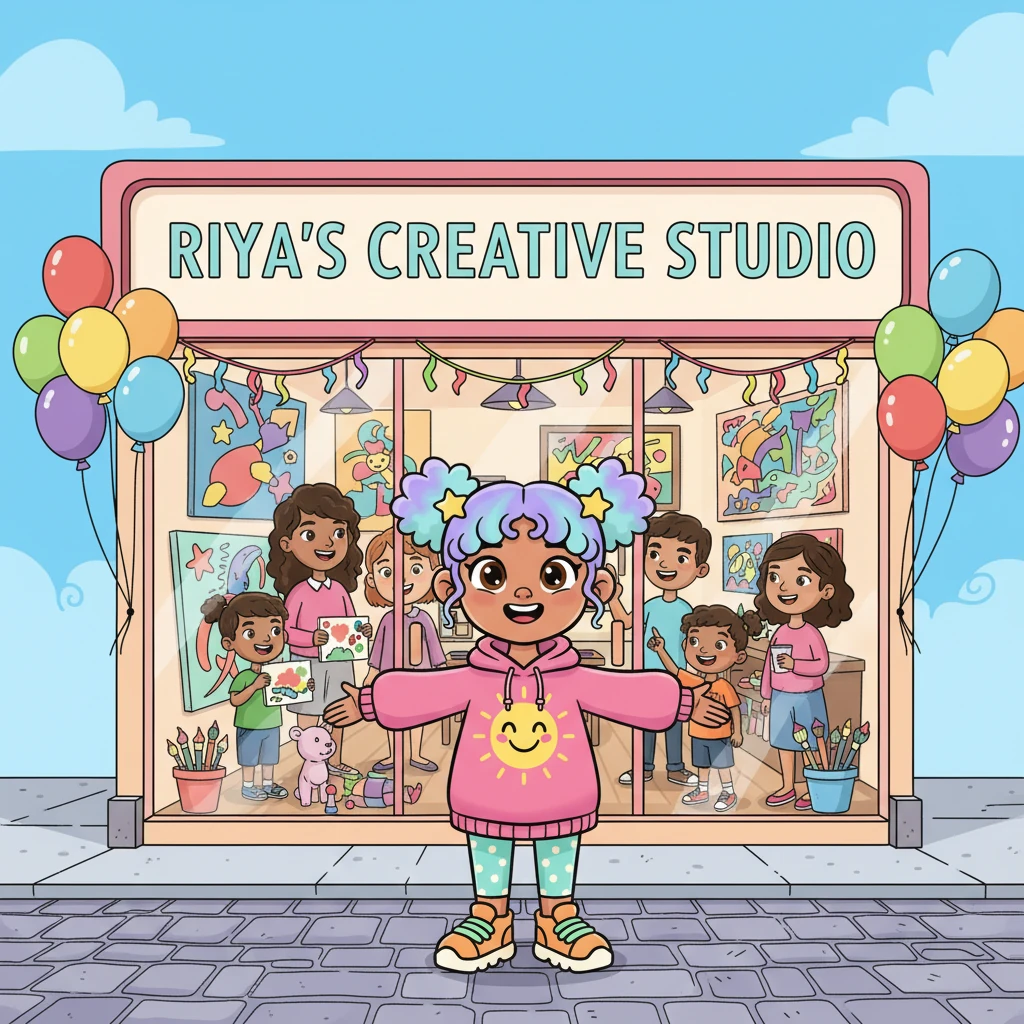 The grand opening day arrives, filled with balloons and happy chatter. Riya stands beaming in front of her bustling 'Riya's Creative Studio,' which is now filled with colorful art, happy customers, and the sweet scent of success.