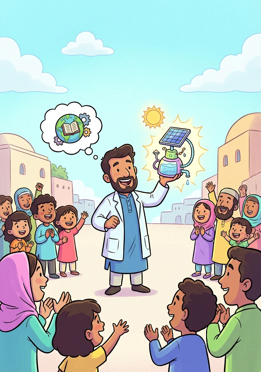 كبر نور وأصبح عالماً مشهوراً. استخدم علمه لاختراع أشياء جديدة تساعد الناس وتحسن حياتهم. تذكر نور دائماً أهمية العلم وكيف يمكن أن يغير العالم نحو الأفضل.