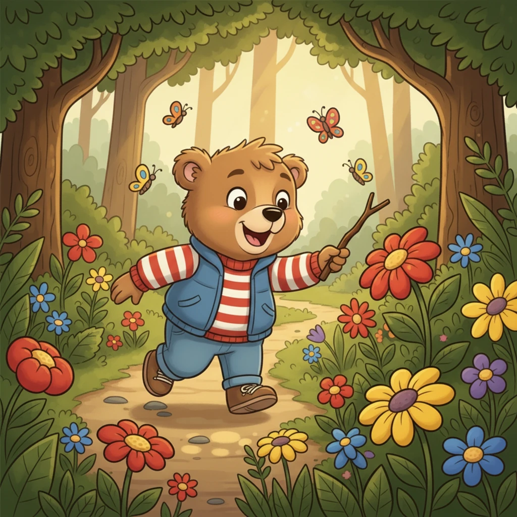 With a happy bounce, Barnaby trotted out of his den and into the vibrant forest. Colorful wildflowers dotted the path, and butterflies fluttered past his ears. He loved the smell of the damp earth and the sound of birds singing their morning songs.
