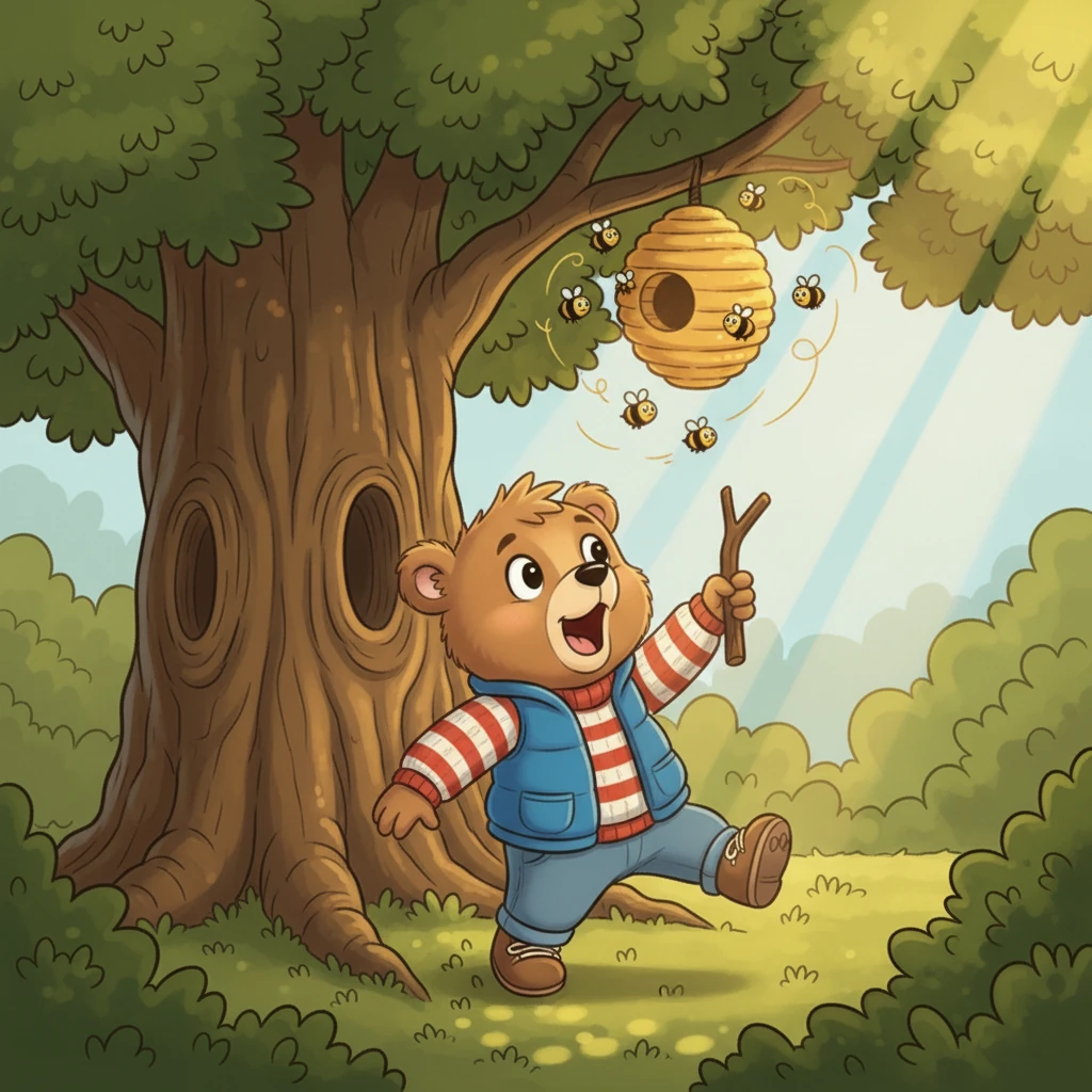 Suddenly, his eyes lit up! High on a towering oak tree, a large, round beehive hung, buzzing with busy bees. Barnaby's heart thumped with excitement, picturing the delicious honey waiting inside. This was it!