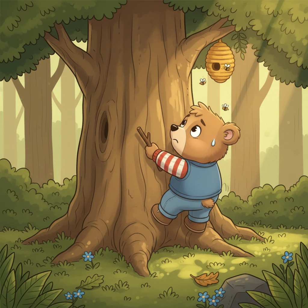 Barnaby bravely tried to climb the smooth, thick trunk of the oak tree. His little paws slipped, and the hive seemed impossibly far away. He sighed, feeling a tiny bit discouraged as he slid back down to the ground.