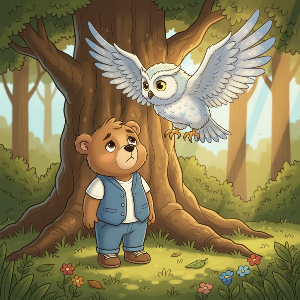 Just then, a wise old owl, with feathers like soft moonlight, swooped down from a nearby branch. "Hoo-hoo, little bear," hooted the owl kindly. "Having trouble reaching your breakfast?" Barnaby nodded sadly.