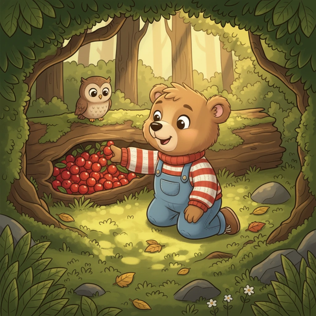 The owl gently guided Barnaby to a different part of the forest. There, nestled beneath a mossy log, were clusters of juicy, bright red berries. They sparkled like tiny jewels, plump and inviting.