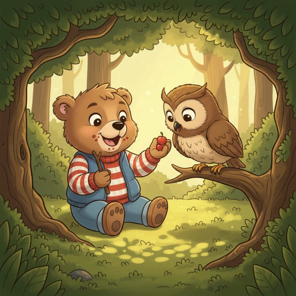 He happily munched on the berries, offering some to the wise owl. The owl hooted softly, accepting the treat. Barnaby felt warm inside, not just from the berries, but from making a new friend.