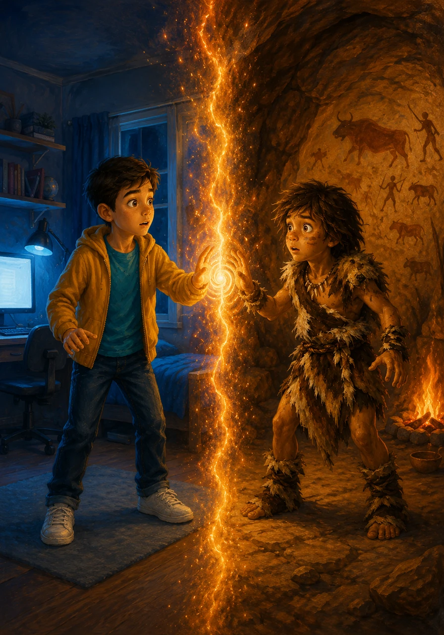 The book cover is split down the middle, showing Leo’s modern bedroom with a computer on the left and Ugh’s prehistoric cave with wall paintings on the right. A glowing, fire-colored title connects the two different eras in the center of the page.
