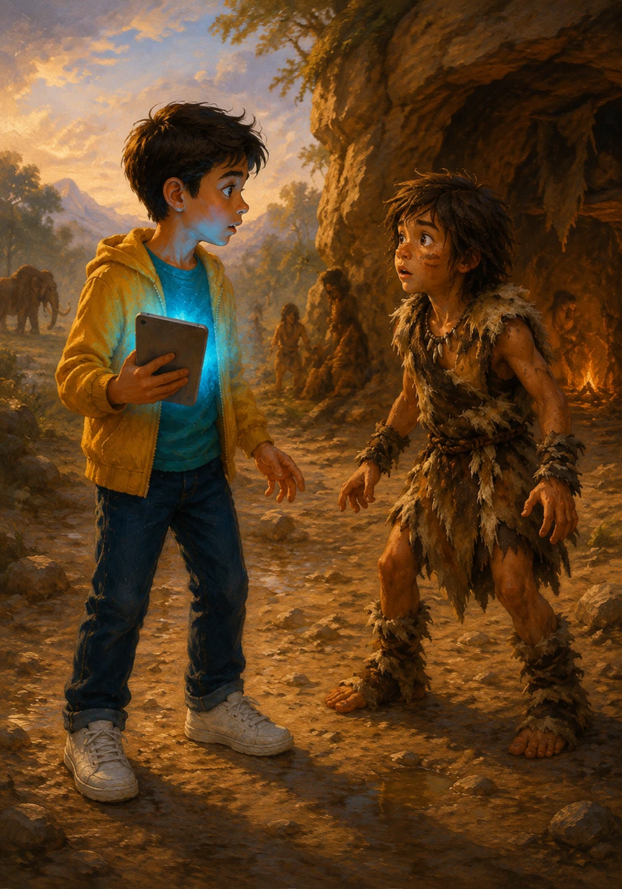 Leo steps into the Paleolithic era holding his glowing blue tablet, startling a young boy named Ugh who is dressed in animal skins. They look at each other with surprise as Leo introduces himself as a visitor from the future who has just arrived through a special application.