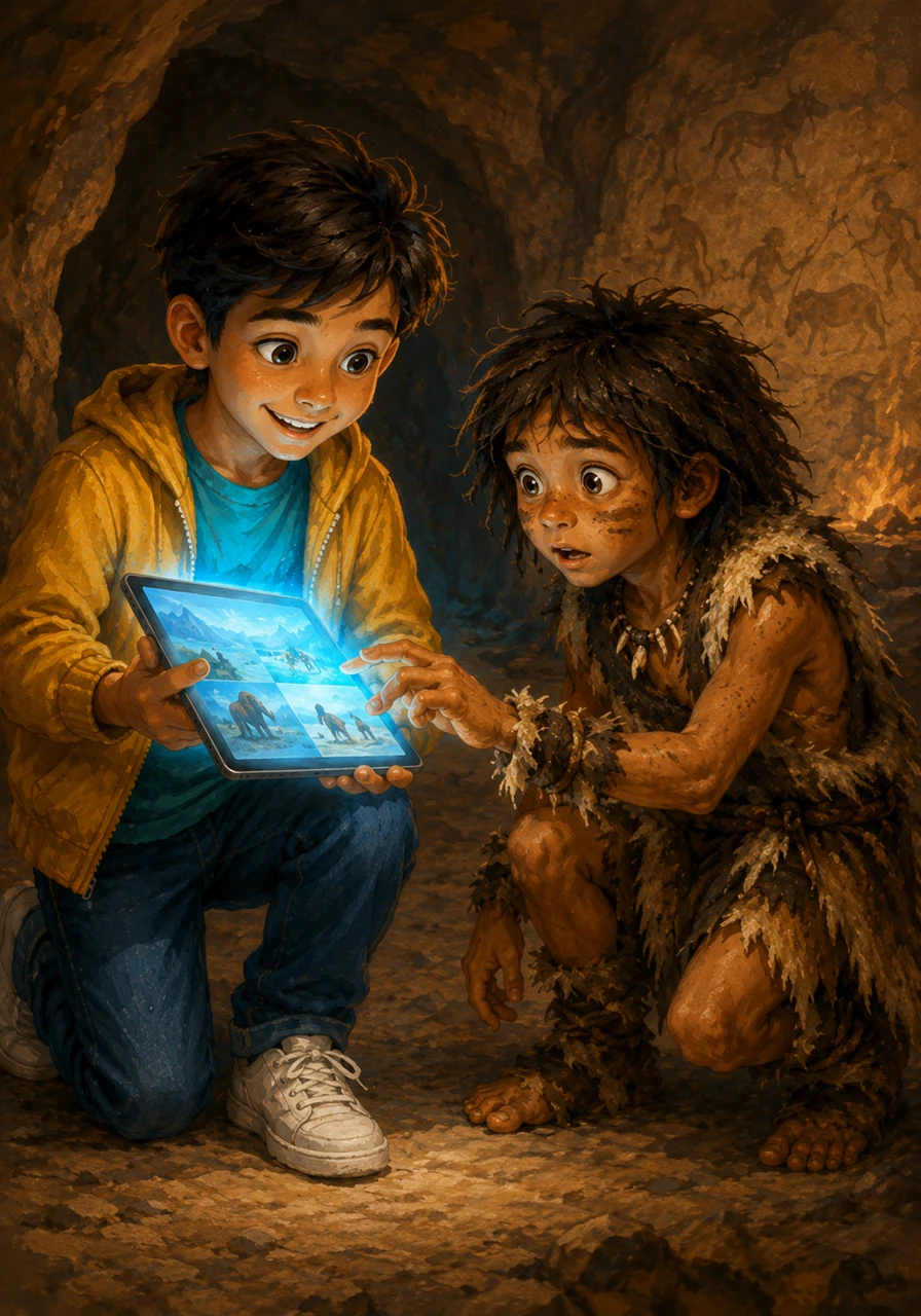 Leo shows Ugh the glowing screen of his tablet, explaining how it holds the history of the entire world and can show images of anything. Ugh reaches out to touch the screen with curiosity, amazed by this strange piece of stone that produces light without any smoke.