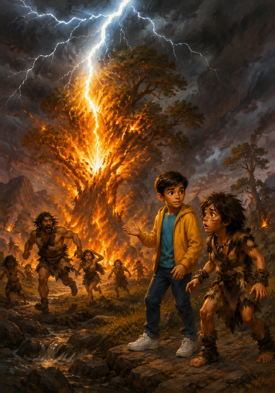A massive bolt of lightning strikes a tall tree, causing it to erupt into a bright and terrifying blaze while primitive humans run away in fear. Leo explains that Ugh's ancestors first saw fire in nature and called it the Golden Tooth, fearing its destructive power.