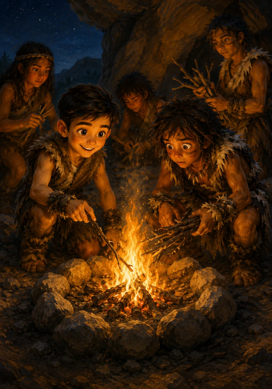 A group of early humans works together to keep a small fire burning inside a protective circle of stones. They have learned to capture the fire from nature and feed it dry twigs, becoming the dedicated Guardians of the Fire to keep their clan safe and warm.