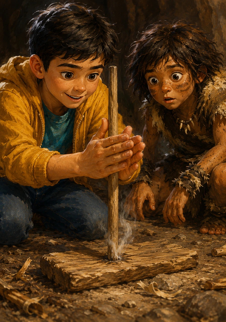A close-up view shows the clever technique of rapidly spinning a hard wooden stick against a flat piece of softer wood. As the stick spins faster and faster between the palms of a pair of hands, a tiny wisp of grey smoke begins to rise from the heat of the friction.