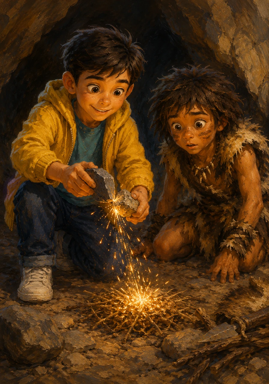 Leo and Ugh watch as two special stones, flint and pyrite, are struck together to create a rhythmic clack-clack sound and a shower of golden sparks. These sparks fall onto dry tinder, proving that fire can be awakened from the belly of a stone whenever it is needed.