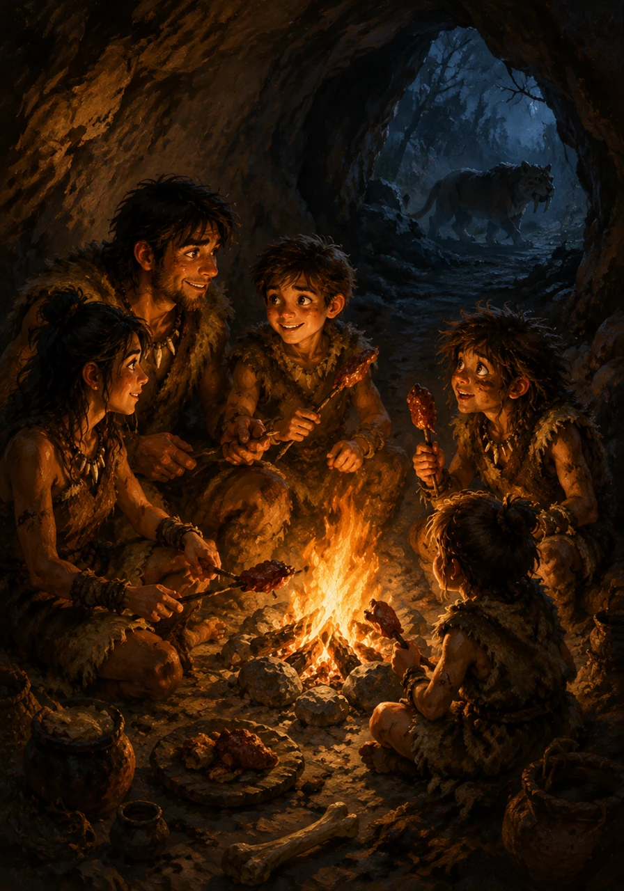 Inside the safety of a dark cave, Ugh’s family gathers around a warm hearth to roast meat and tell stories by the dancing light of the flames. Outside in the shadows, a dangerous saber-toothed tiger stays far away, deterred by the protective glow of the fire.