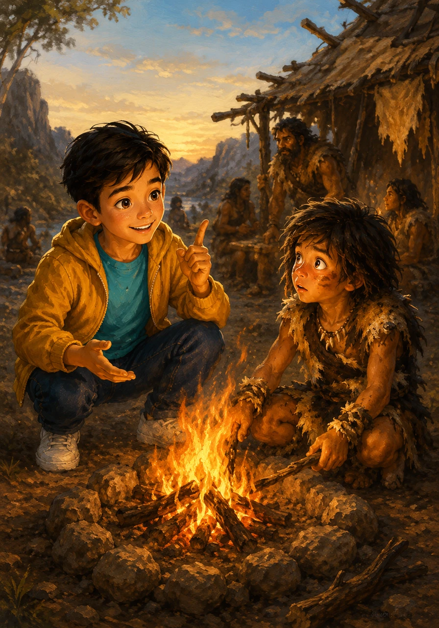 A prehistoric child and an adult work together to watch over the fire, demonstrating the importance of community rules and cooperation. Leo explains that in the future, people still have rules to use energy wisely and protect the planet from pollution.