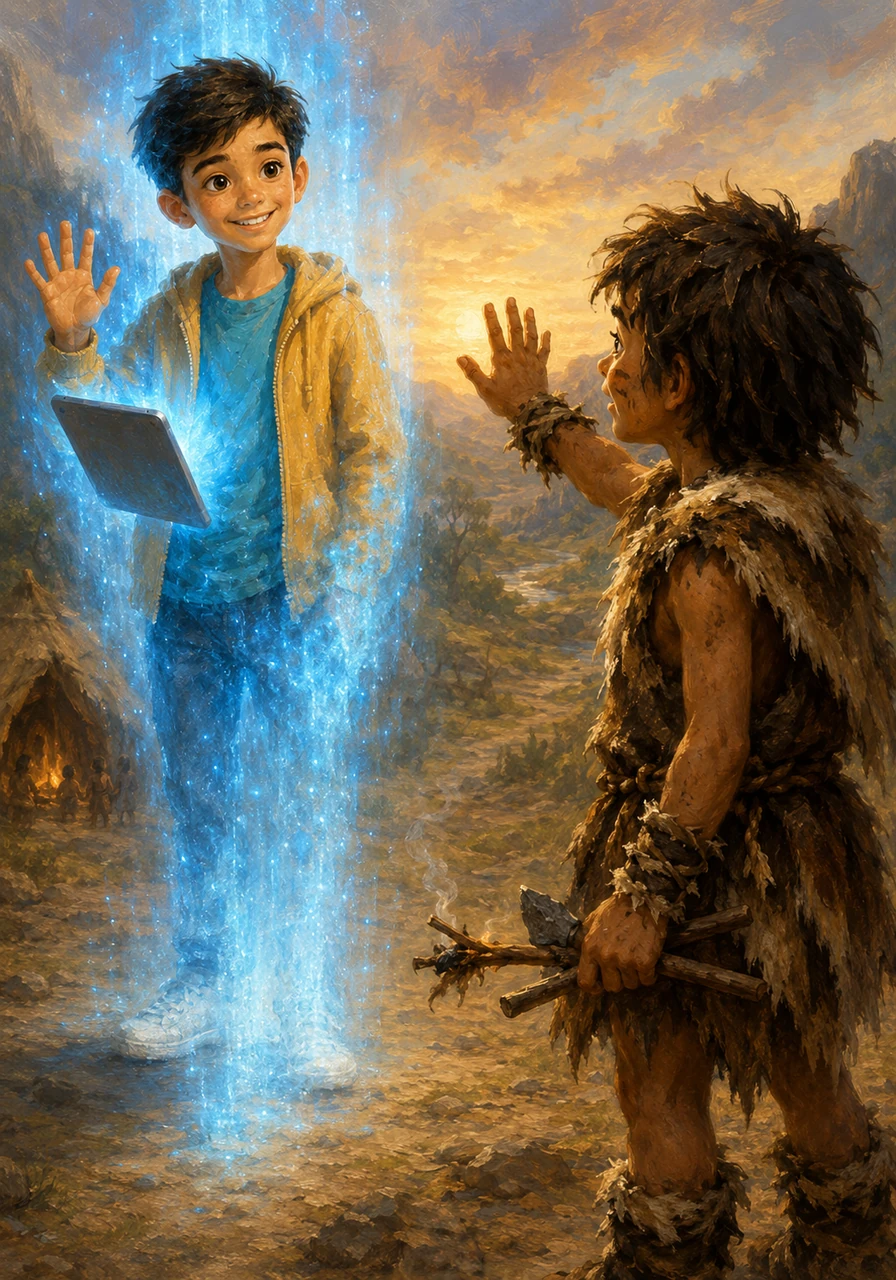 Leo begins to fade into a soft blue light as his tablet prepares to transport him back to the year 2026. Ugh waves a warm goodbye to his new friend, holding his fire-making tools as he stands at the dawn of history, ready to share what he has learned.
