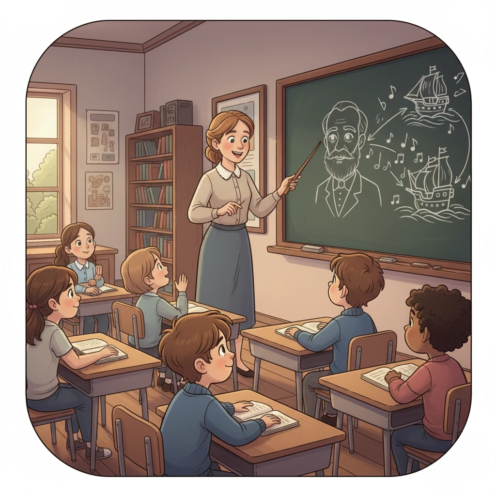 One day, Modest's teacher told the class about a famous composer, Modest Mussorgsky, who lived a long time ago. The teacher explained that Mussorgsky wrote amazing music about pictures.
